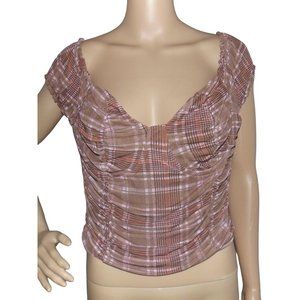 Just Polly Corset Top Jr XL Brown Pink Plaid peasant off-shoulder shirt blouse